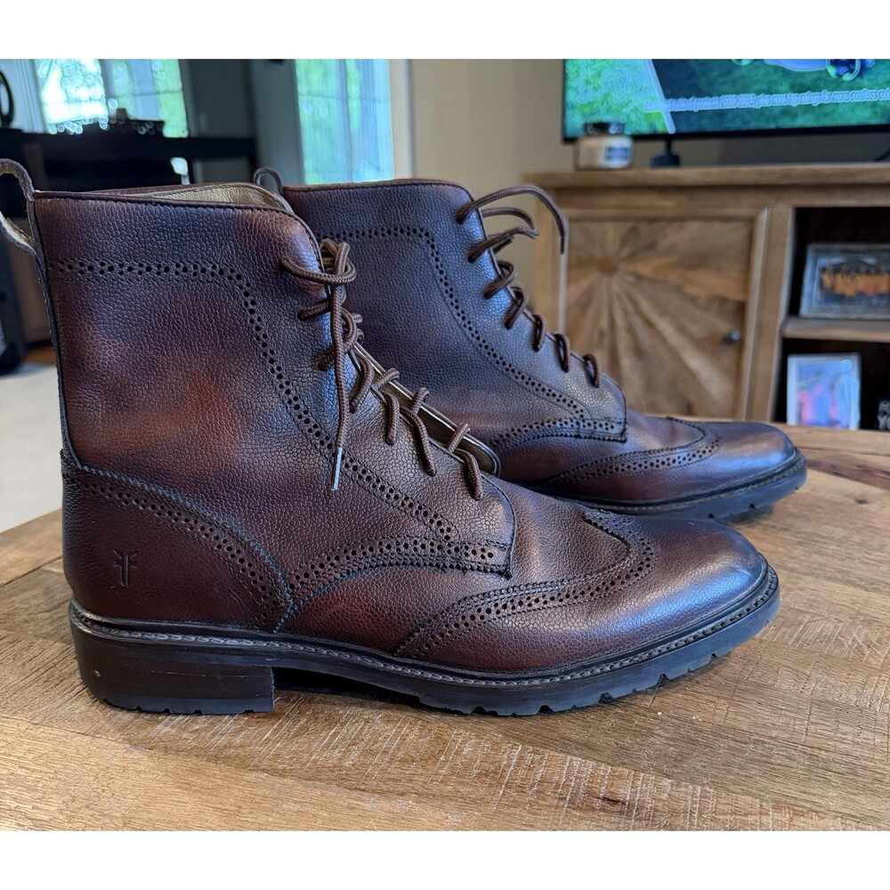 Frye James Lug Wingtip Boots Mens 11D Brown Pebbled Leather Lace Up - Picture 5 of 11